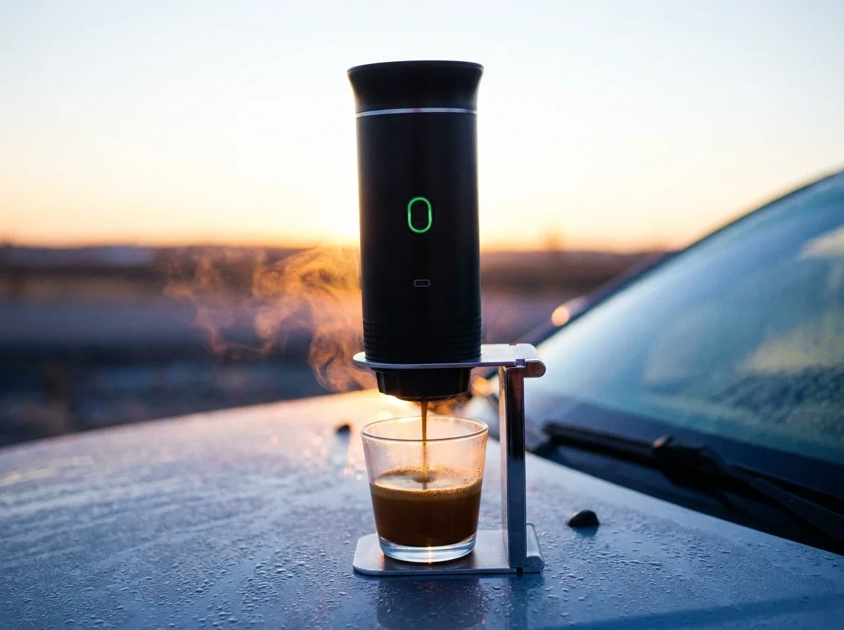 Krok 3 — gotowe espresso w kubku na masce auta