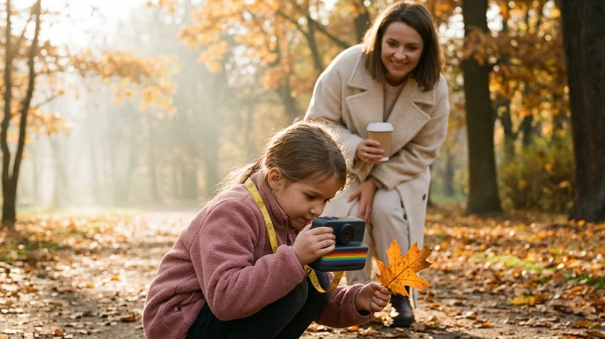 Rodzina w jesiennym parku — dziecko fotografuje liść aparatem KidSnap