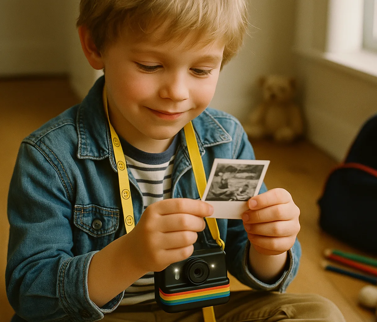 Chłopiec ogląda mały wydruk termiczny w dwóch palcach, aparat KidSnap wisi mu na żółtej smyczy