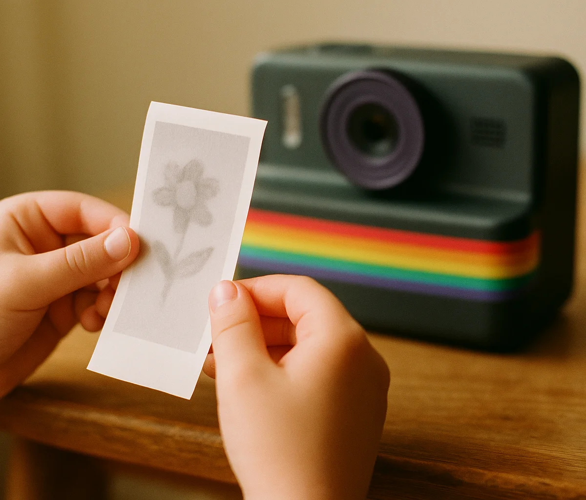 Mały wydruk termiczny w dwóch dłoniach dziecka, aparat KidSnap z tęczą w tle