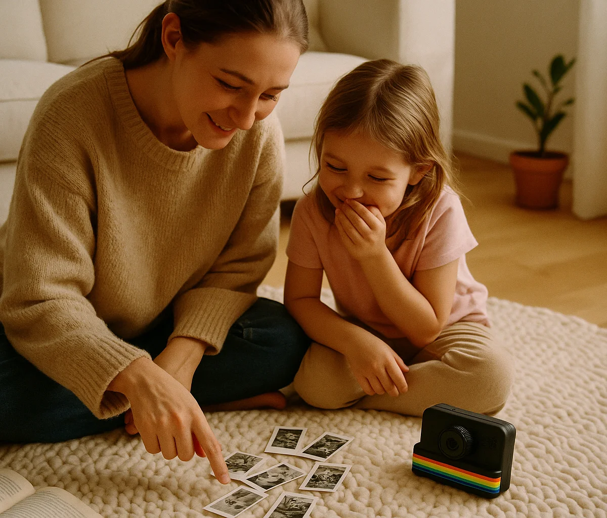 Mama i córka wspólnie oglądają wydrukowane zdjęcia