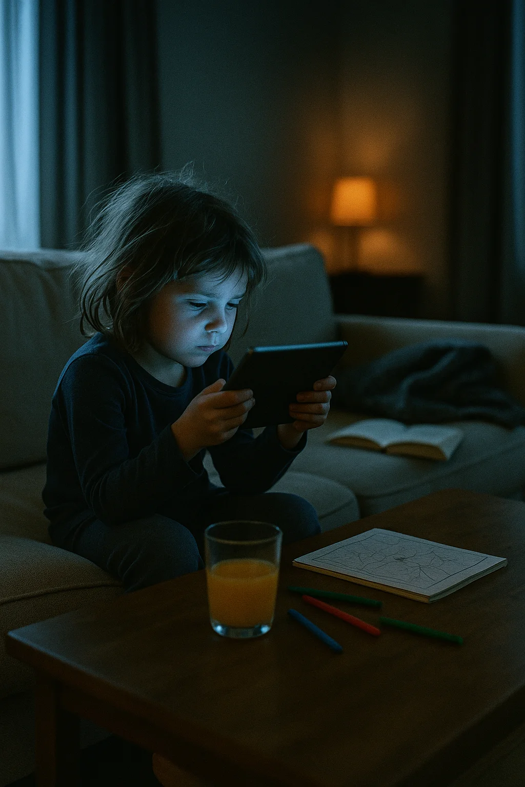Dziecko zmęczone na kanapie z tabletem