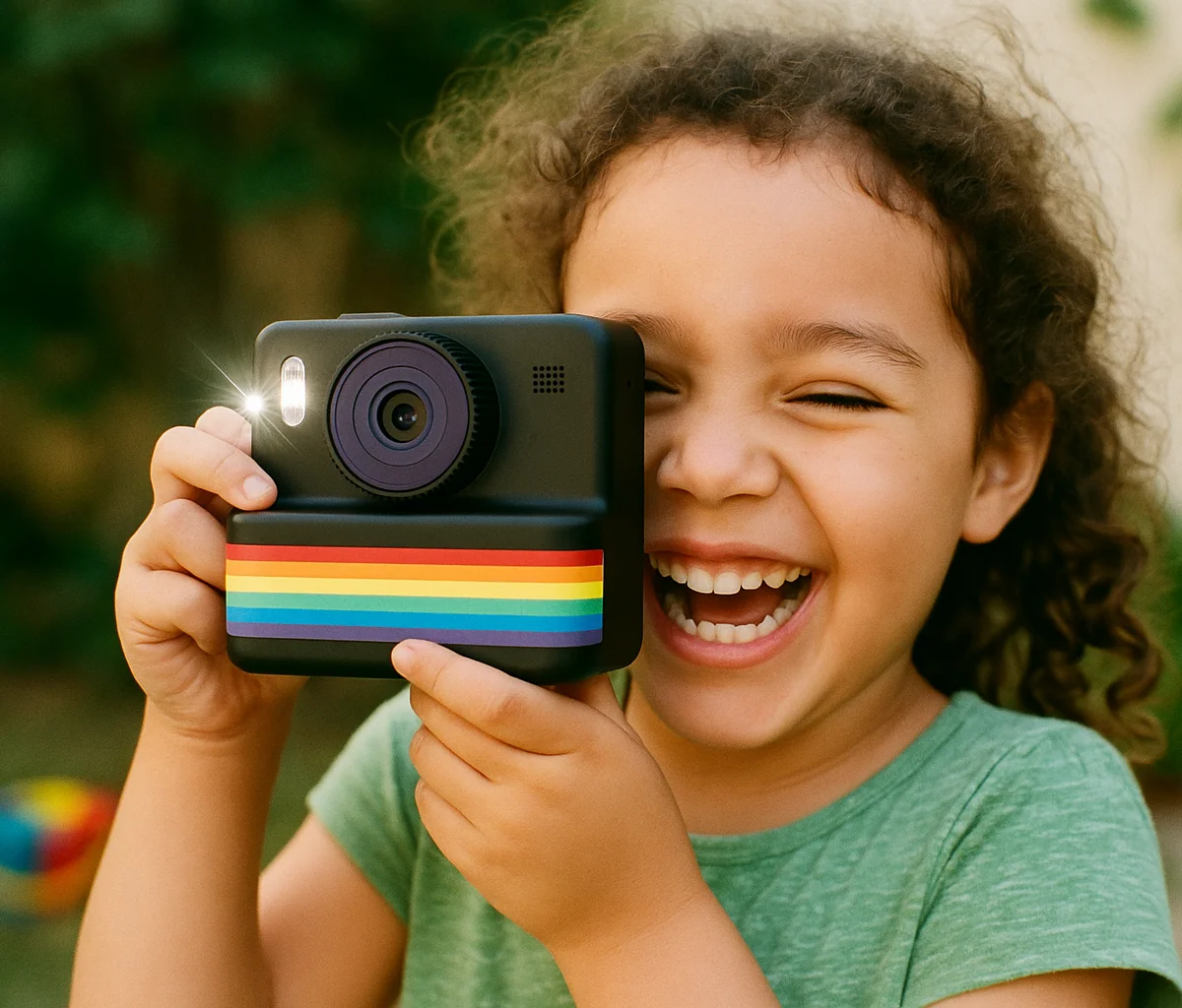 Dziewczynka uśmiecha się trzymając aparat KidSnap przy twarzy