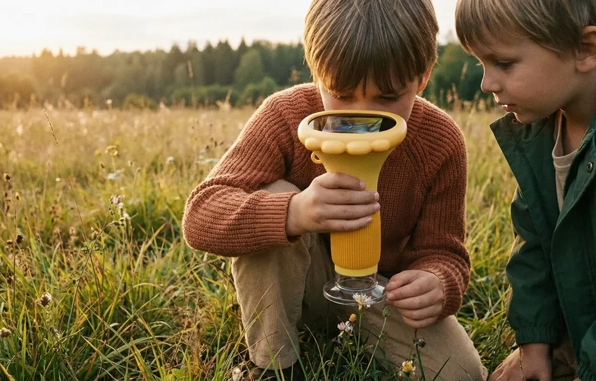 Dwoje dzieci kuca w łące o złotej godzinie, jedno bada dziką roślinę Patrzajką