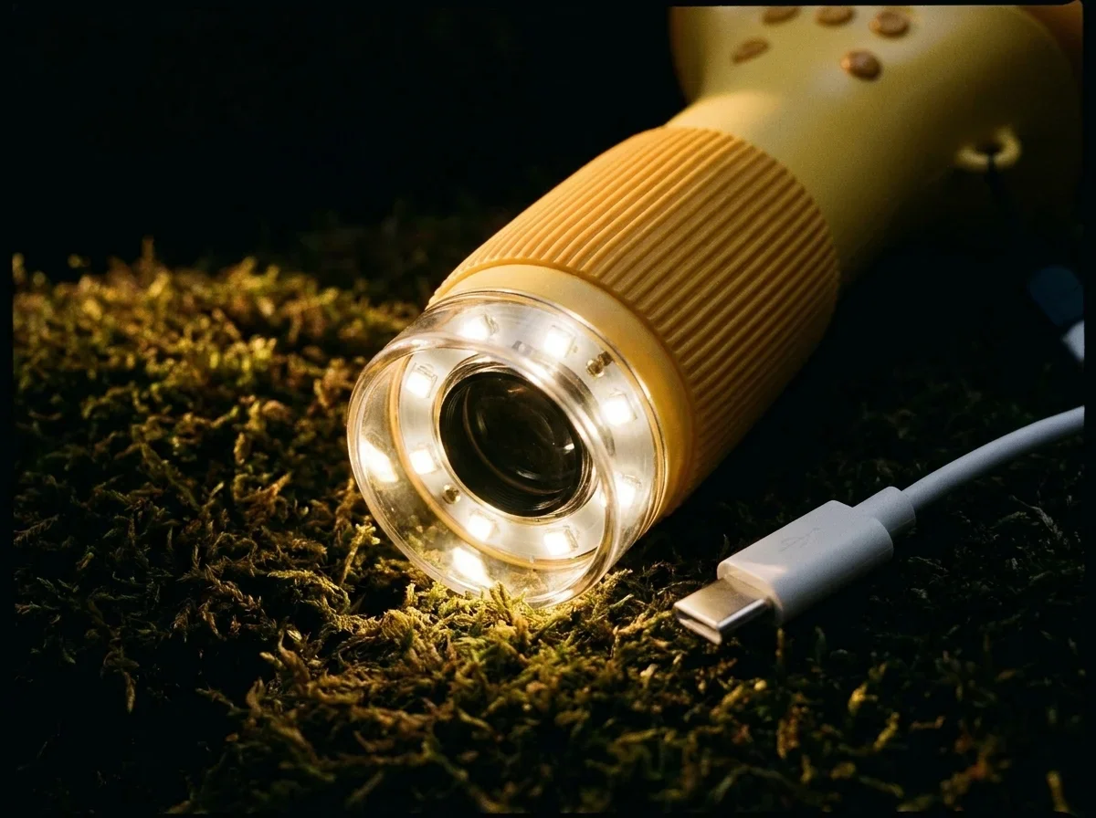 Zbliżenie świecącego pierścienia 8 LED na przezroczystej podstawie Patrzajki i kabla USB-C