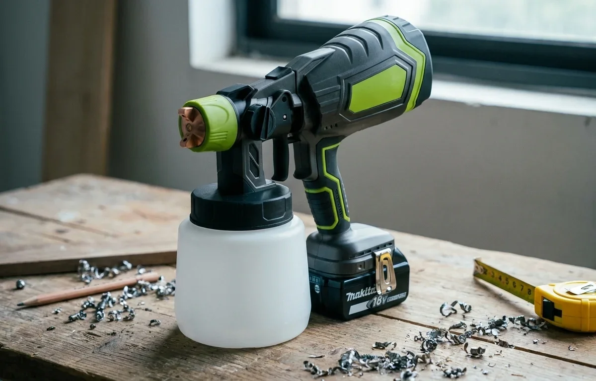 SPRAYCRAFT z akumulatorem Makita 18V na warsztatowym stole