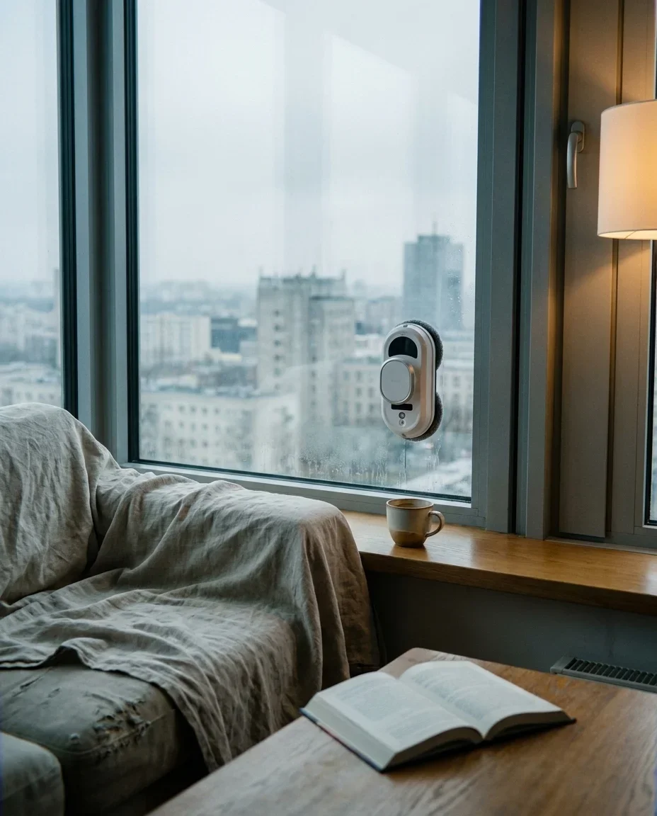 Vitrix — robot do mycia okien na panoramicznej szybie apartamentu