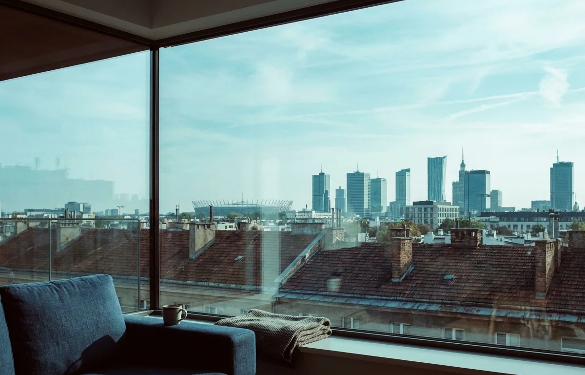 Panorama Warszawy widziana przez nieskazitelnie czystą szybę apartamentu