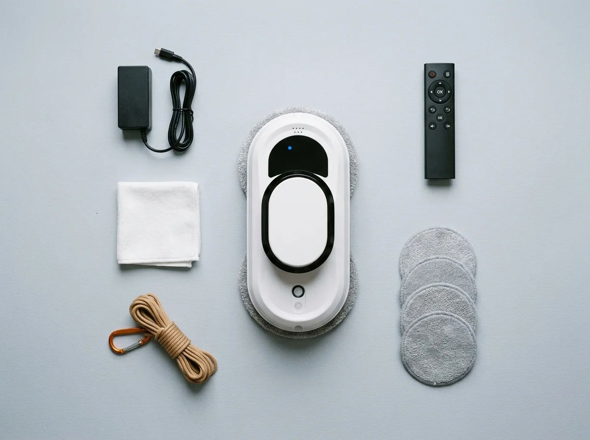 Pełen zestaw Windox w flat lay — robot, pilot, zasilacz, linka z karabińczykiem, 4 tarcze mikrofibry, ścierka