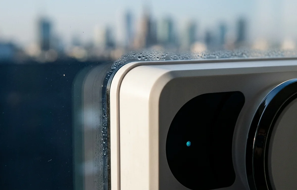 Close-up sensora przyssawki Windox z niebieskim wskaźnikiem LED, panorama miasta w rozmytym tle