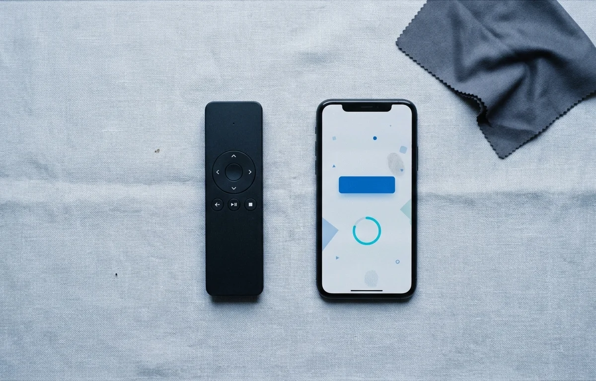 Flat lay pilota i telefonu z aplikacją WindoxHome na szarym lnianym tle