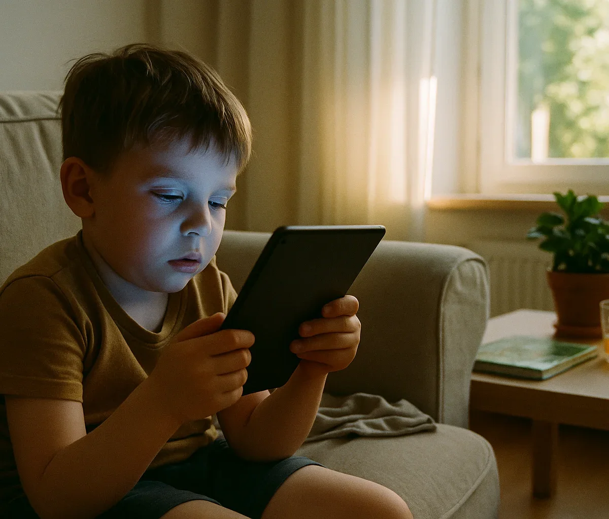 Znudzone dziecko z tabletem na kanapie