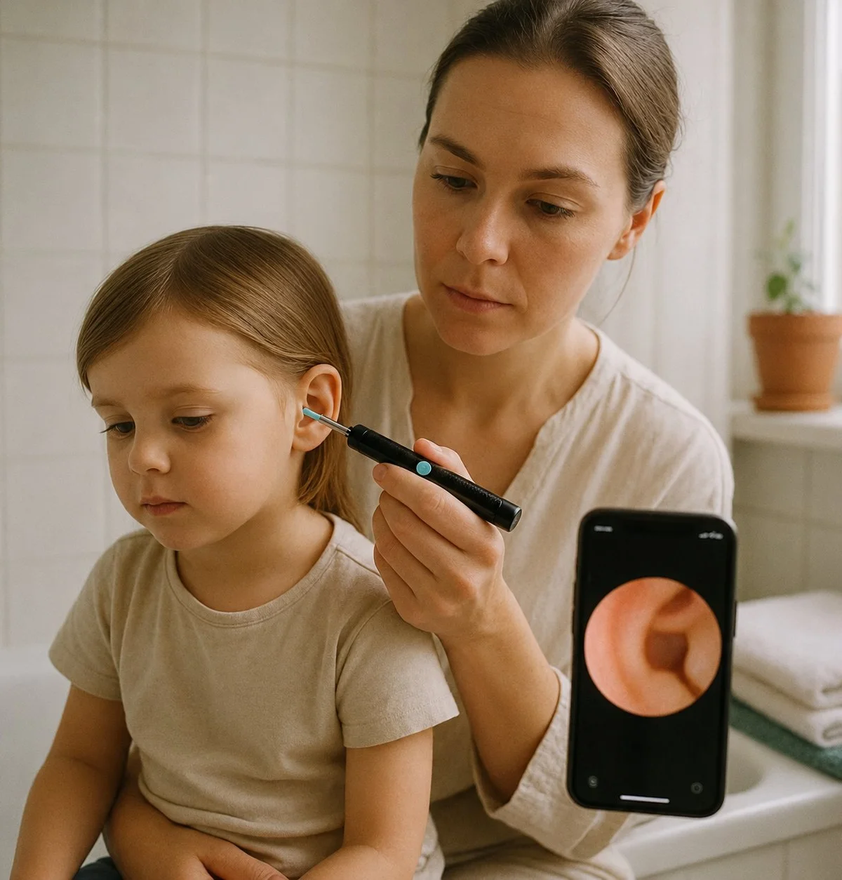 Mama czyści dziecku ucho Uchutkiem, oglądając podgląd na żywo na ekranie telefonu